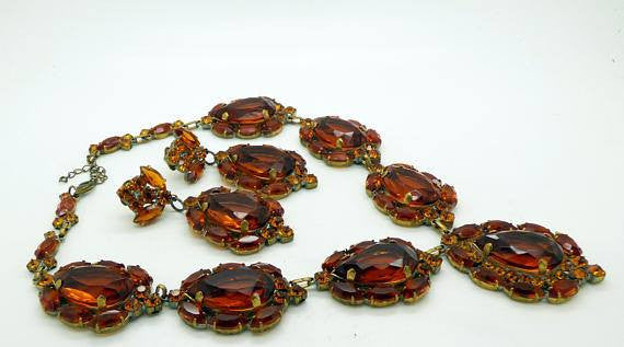 Huge Topaz Czech Glass Statement Necklace and matching clip earrings