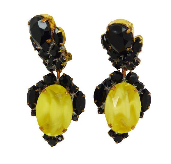 Black and Yellow Gold Czech Glass Clip Earrings