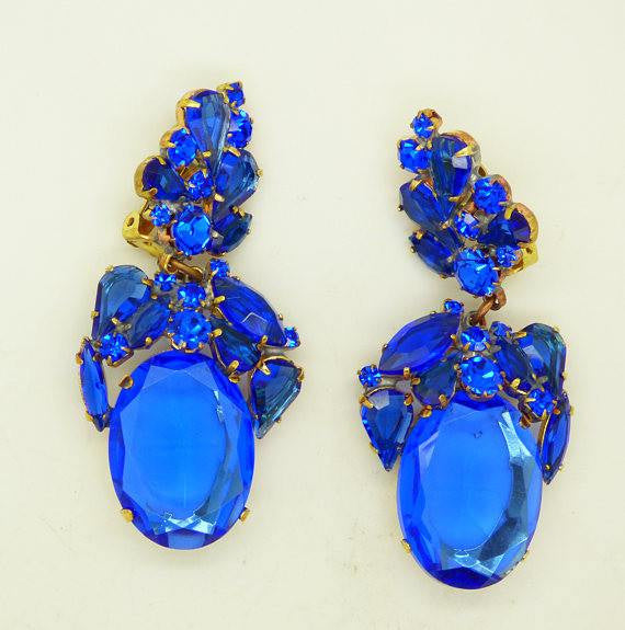Czech Glass Royal Blue Dangle Clip Earrings, Rhinestone, open-back