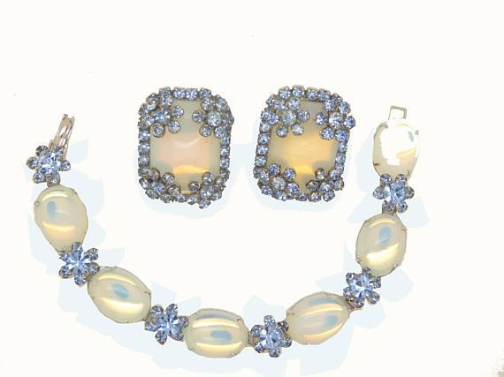 Vintage Hattie Carnegie Cabochon Moonstone Blue Rhinestone Bracelet and Clip Earrings