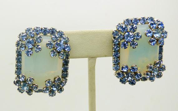 Vintage Hattie Carnegie Cabochon Moonstone Blue Rhinestone Bracelet and Clip Earrings - Vintage Lane Jewelry