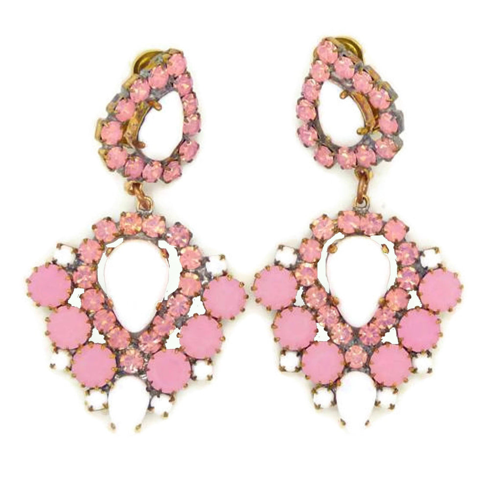 Czech White and Opaque Pink Statement Clip Earrings