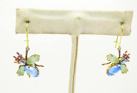 Czech Glass Rhinestone Fly Earrings, Lavender Body and Opaque Mint Green Wings, Pierced Style Earrings - Vintage Lane Jewelry