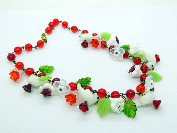 Glass Bird Red Beaded Necklace with Green Glass Leaves, Glass flowers and Whtie Glass Birds