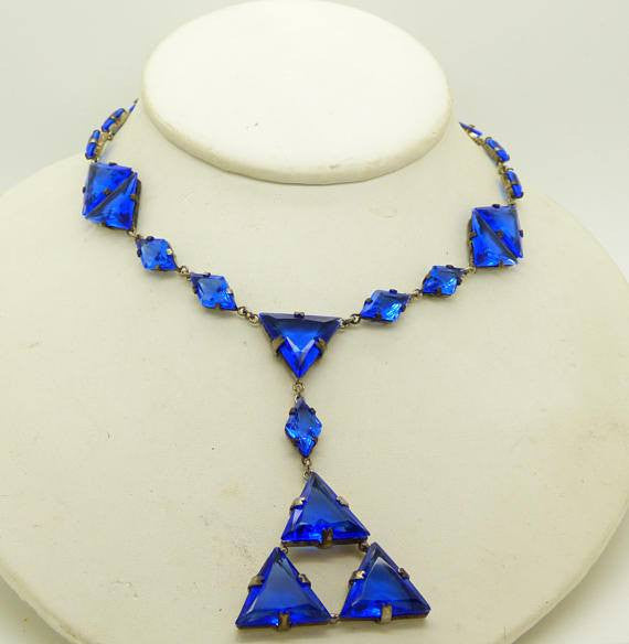 Art Deco Cobalt Blue Czech Glass Geometric Necklace - Vintage Lane Jewelry