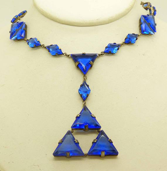 Art Deco Cobalt Blue Czech Glass Geometric Necklace