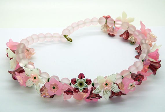 Pink, Pearly White and Dark Pink Lucite Flowers and Pale Pink Glass Beaded Necklace