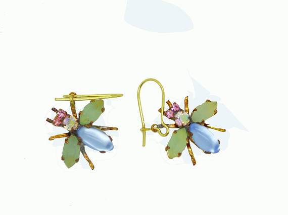 Czech Glass Rhinestone Fly Earrings, Lavender Body and Opaque Mint Green Wings, Pierced Style Earrings