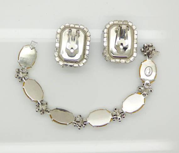 Vintage Hattie Carnegie Cabochon Moonstone Blue Rhinestone Bracelet and Clip Earrings - Vintage Lane Jewelry