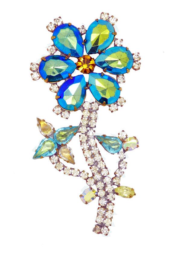 Czech Glass Blue Rhinestone Flower Brooch, Bijoux MG