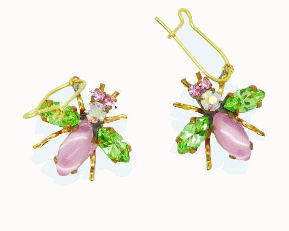 Czech Glass Rhinestone Fly Earrings, Pink Body and Mint Green Wings, Pierced style earrings