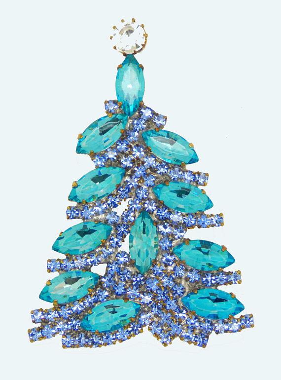 Czech Glass Christmas Tree Brooch with Blue Navettes, Vintage Green Rhinestones Xmas Tree Pin