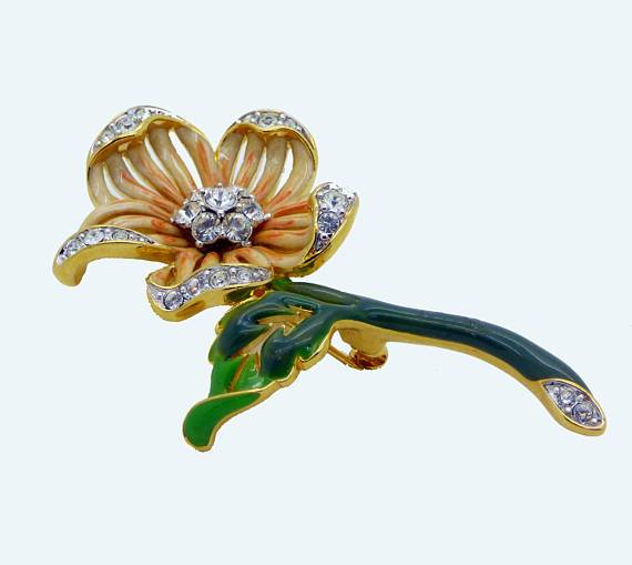 Vintage Peach Lilac Enamel Rhinestone Flower Brooch Nolan Miller