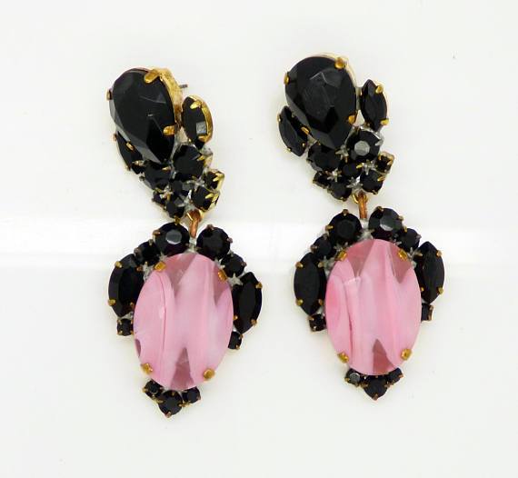 Black and Pink Czech Glass Pierced Style Earrings
