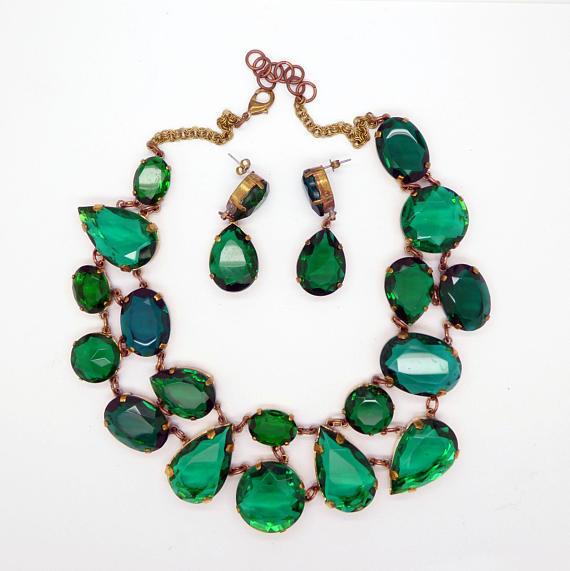 Czech Glass Emerald Green Cluster Statement Necklace and Pierced Earrings Set