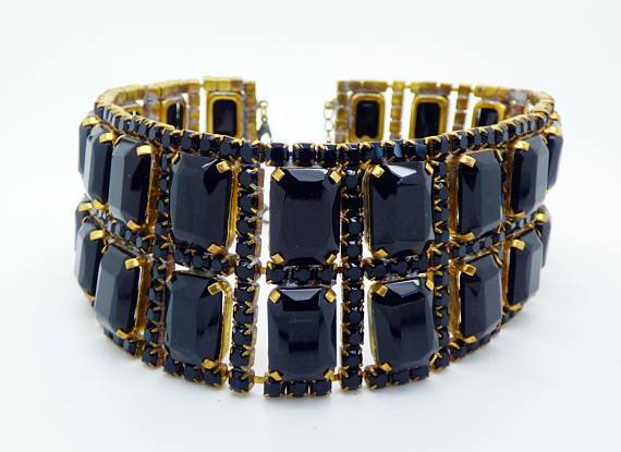 Black Czech Glass Rhinestone Collar Necklace, Husar D.