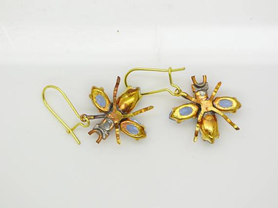 Czech Glass Rhinestone Fly Earrings, Lavender Body and Opaque Mint Green Wings, Pierced Style Earrings - Vintage Lane Jewelry