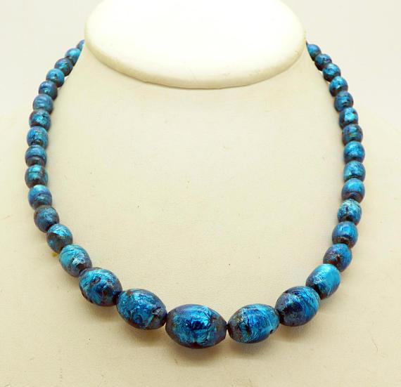 Art Deco Black and Peacock Blue Venetian Foiled Glass Bead Necklace