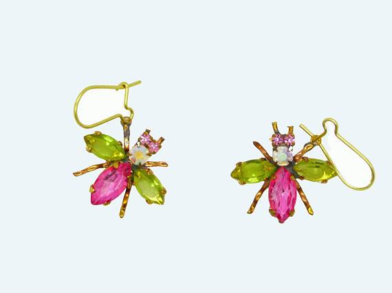 Czech Glass Rhinestone Fly Earrings, Pink Body and Light Green Wings, Pierced Style Earrings