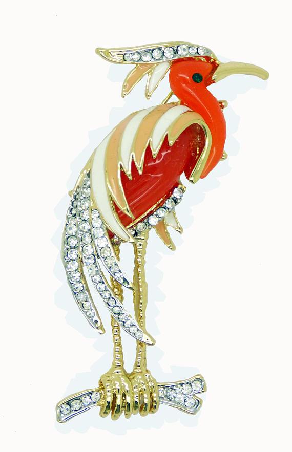 Hattie Carnegie Coral Lucite Rhinestones Heron Egret Bird Pin Brooch