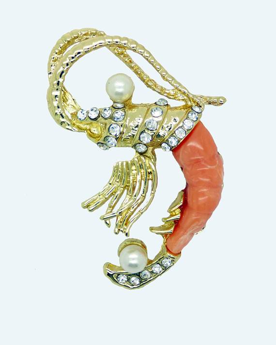 Vintage Hattie Carnegie Shrimp Crawfish Peach Lucite Rhinestone Faux Pearl Brooch Pin