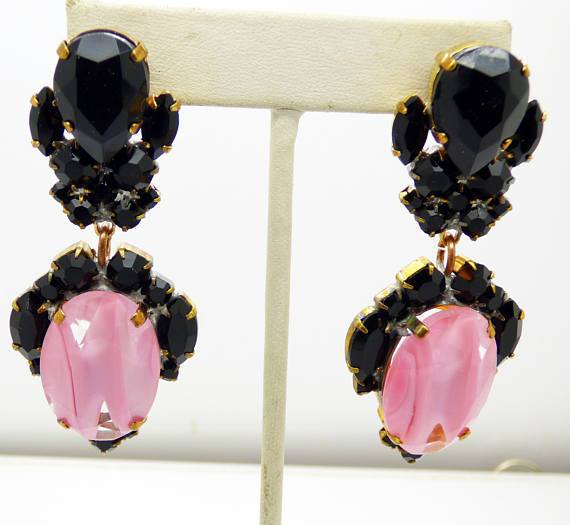 Black and Pink Czech Glass Pierced Style Earrings - Vintage Lane Jewelry
