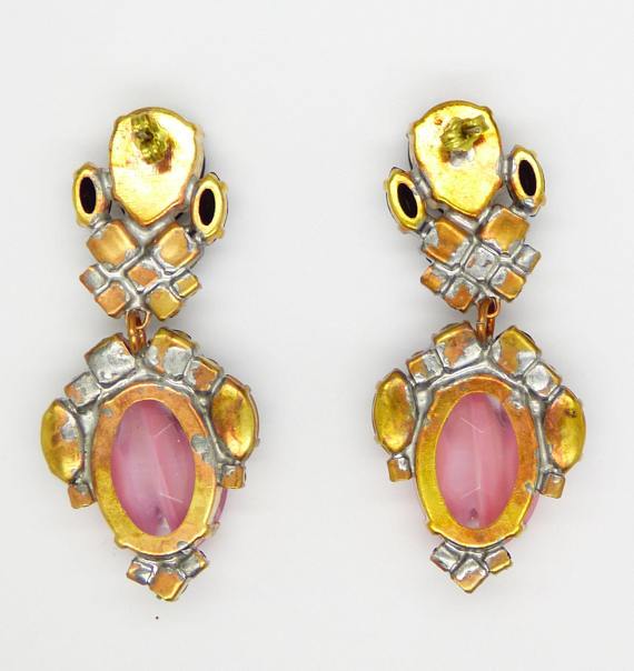 Black and Pink Czech Glass Pierced Style Earrings - Vintage Lane Jewelry