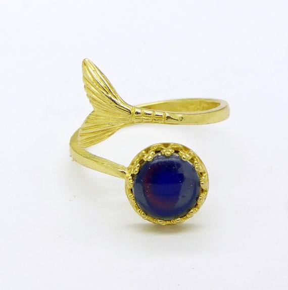 Mermaid Mood Ring Gold Plated Filigree Bezel Set Mermaid Tail Wrap Setting
