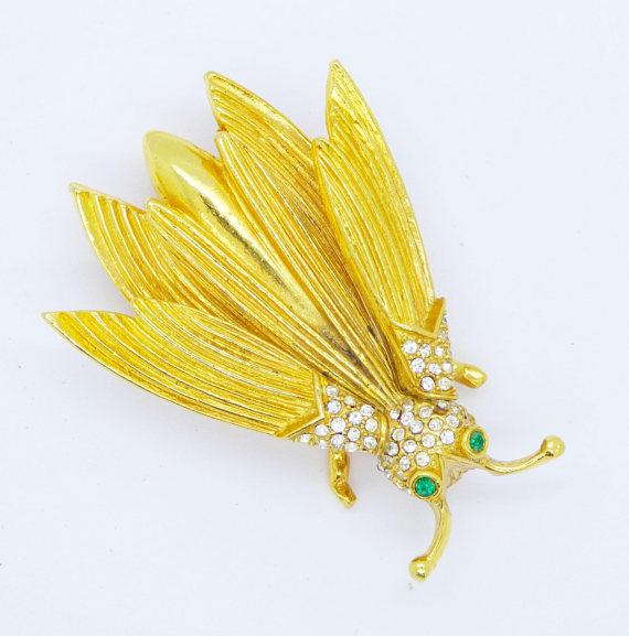 Vintage Gold Tone Rhinestone Trembler Winged Insect Bug Brooch - Vintage Lane Jewelry