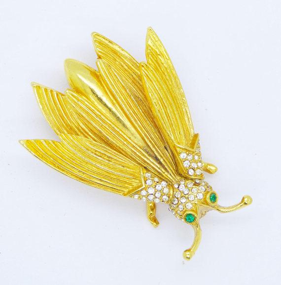 Vintage Gold Tone Rhinestone Trembler Winged Insect Bug Brooch - Vintage Lane Jewelry