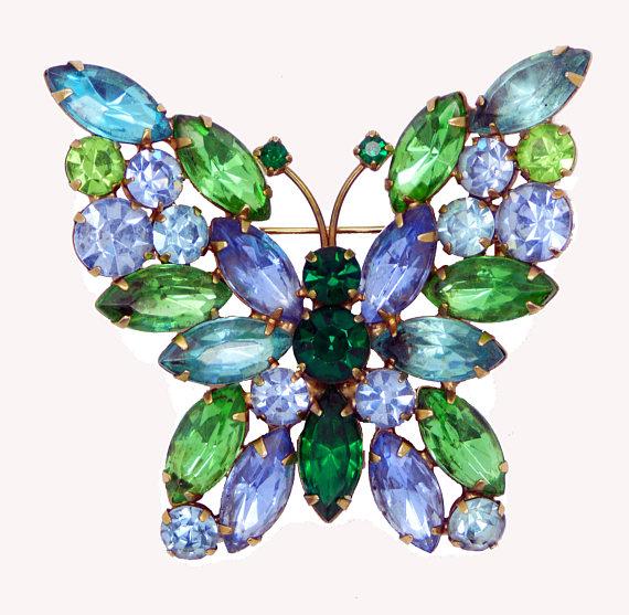 Vintage Weiss Blue and Green Rhinestone Butterfly Brooch