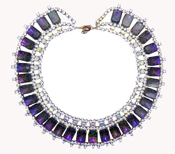 Czech Glass Purple Watermelon Rhinestone Bib Necklace, Husar D.