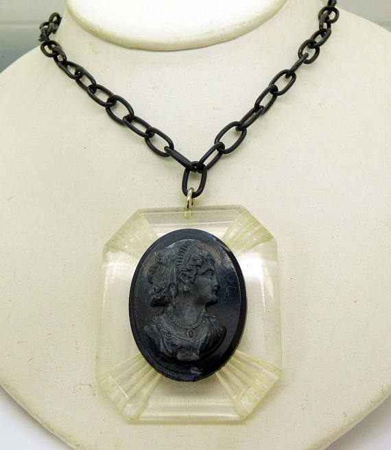 Art Deco Carved Black Celluloid Cameo and Chain Necklace