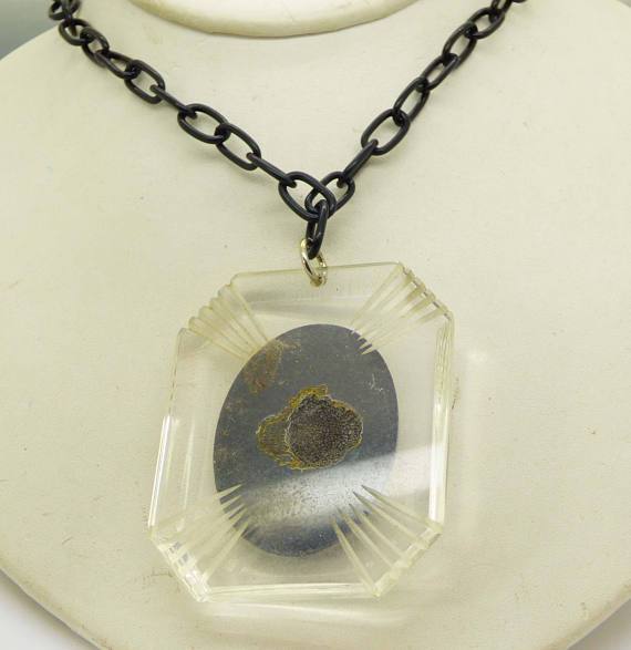 Art Deco Carved Black Celluloid Cameo and Chain Necklace - Vintage Lane Jewelry