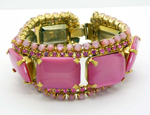 Vintage Juliana D & E Pink Moonstone Rhinestone Bracelet and Clip Earrings