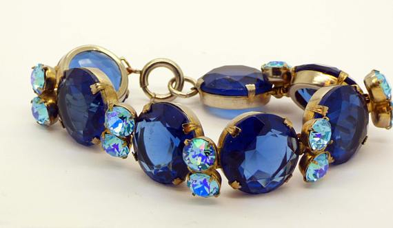 Vintage Glass Headlight Rhinestone Bracelet, Deep Blue and Aquamarine