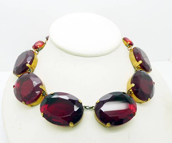 Dark Garnet Large Oval Czech Open Back Glass Stones Necklace