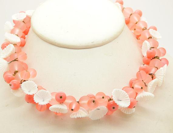 Peach Glass Beads and White Flowers Necklace