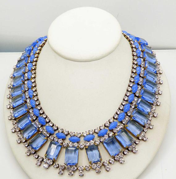 Sky Blue and Clear Rhinestone Czech Rhinestone Bib Necklace