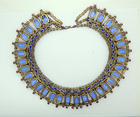 Sky Blue and Clear Rhinestone Czech Rhinestone Bib Necklace - Vintage Lane Jewelry