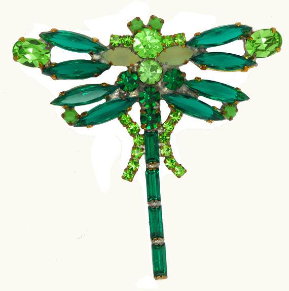 Czech Glass Green Rhinestone Dragonfly Pin