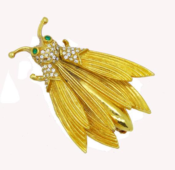 Vintage Gold Tone Rhinestone Trembler Winged Insect Bug Brooch