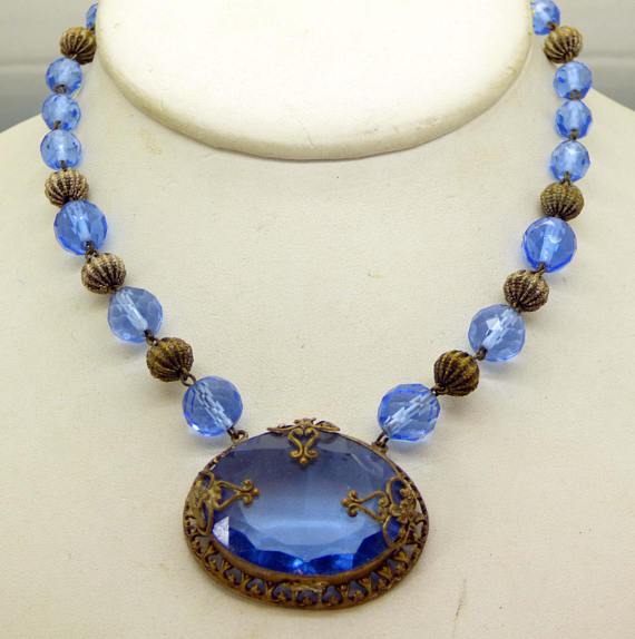 Antique Art Deco Czech Glass Open Back Blue Crystal Necklace Choker