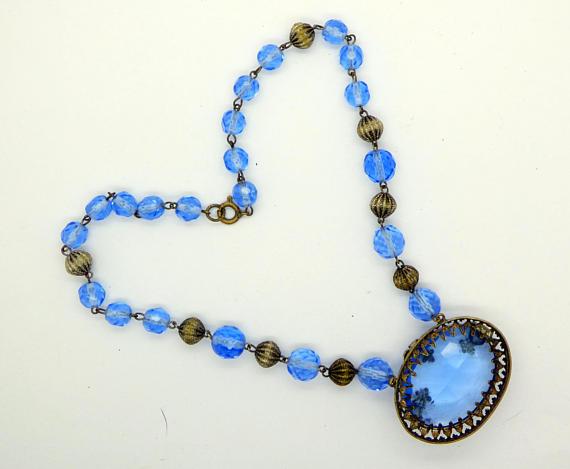 Antique Art Deco Czech Glass Open Back Blue Crystal Necklace Choker - Vintage Lane Jewelry