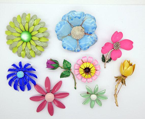Enamel Flower Lot, 9 pins, Flower Brooches