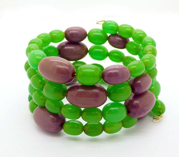 Bakelite Memory Coil Bracelet, Lilac and Green Bakelite Beads