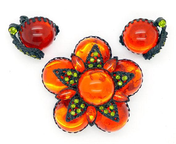 Selro Selini Orange Floral Brooch Clip Earring Demi Parure