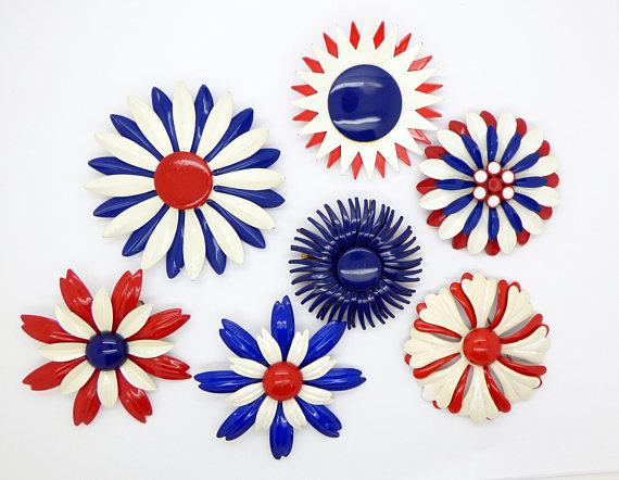 Red, White and Blue Patriotic Enamel Flower Pins, 7 pins