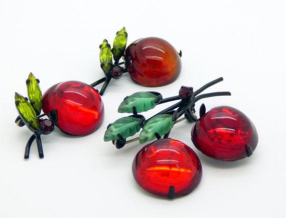 Red Cherries Austrian Crystal Fruit Brooch and Matching Scatter Pins