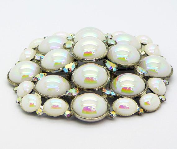 Massive Marie Ferra White Aurora Borealis Cabochon Rhinestone Brooch - Vintage Lane Jewelry